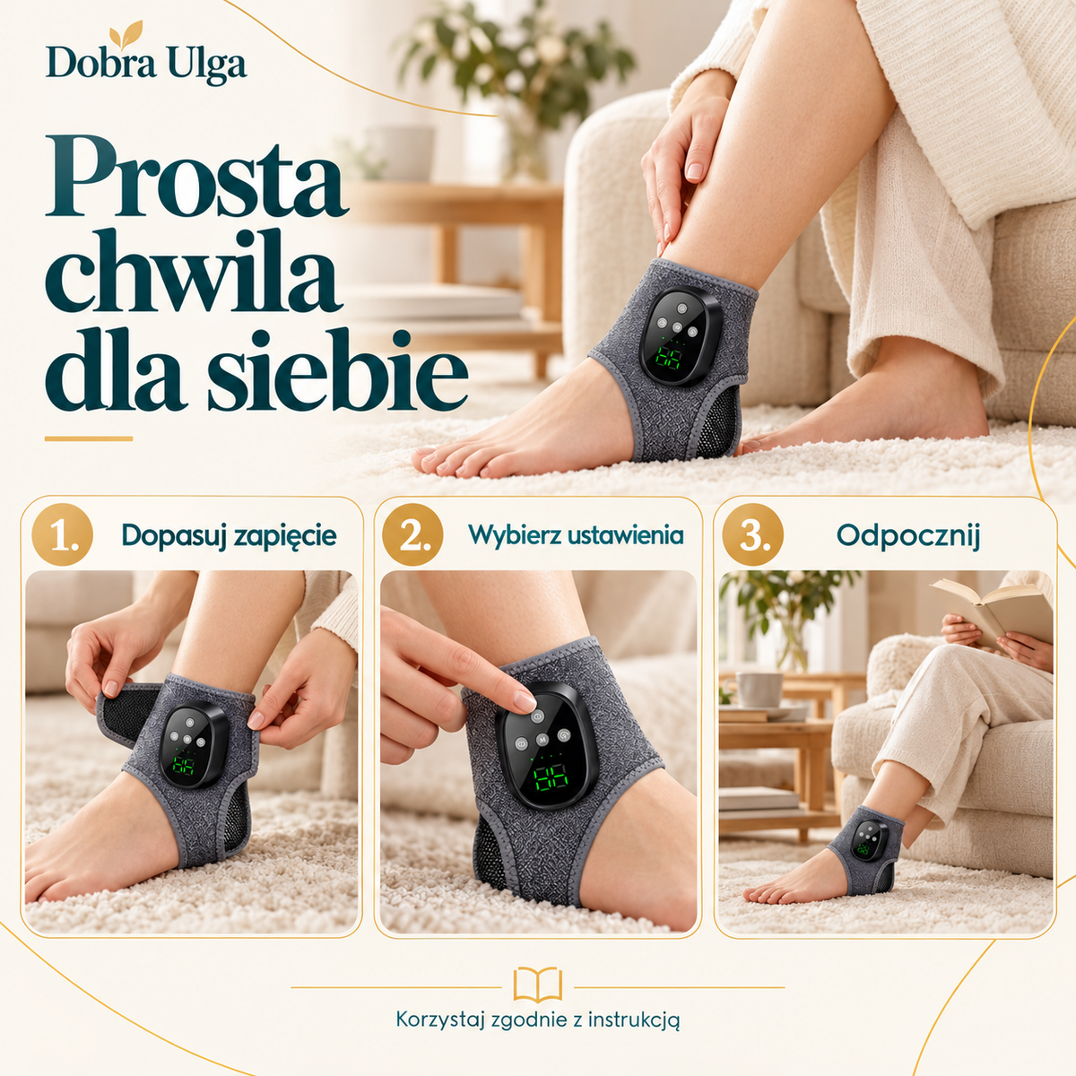 Opaska na kostkę Ciepły Krok, trzy kroki użycia