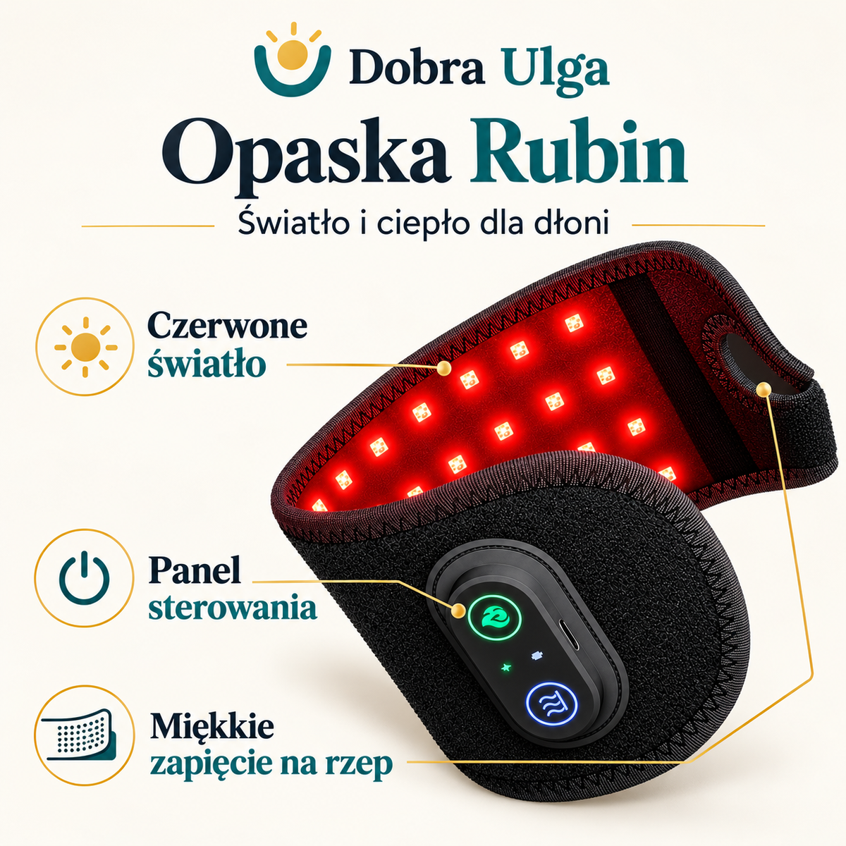 Opaska Rubin: światło, panel sterowania i zapięcie