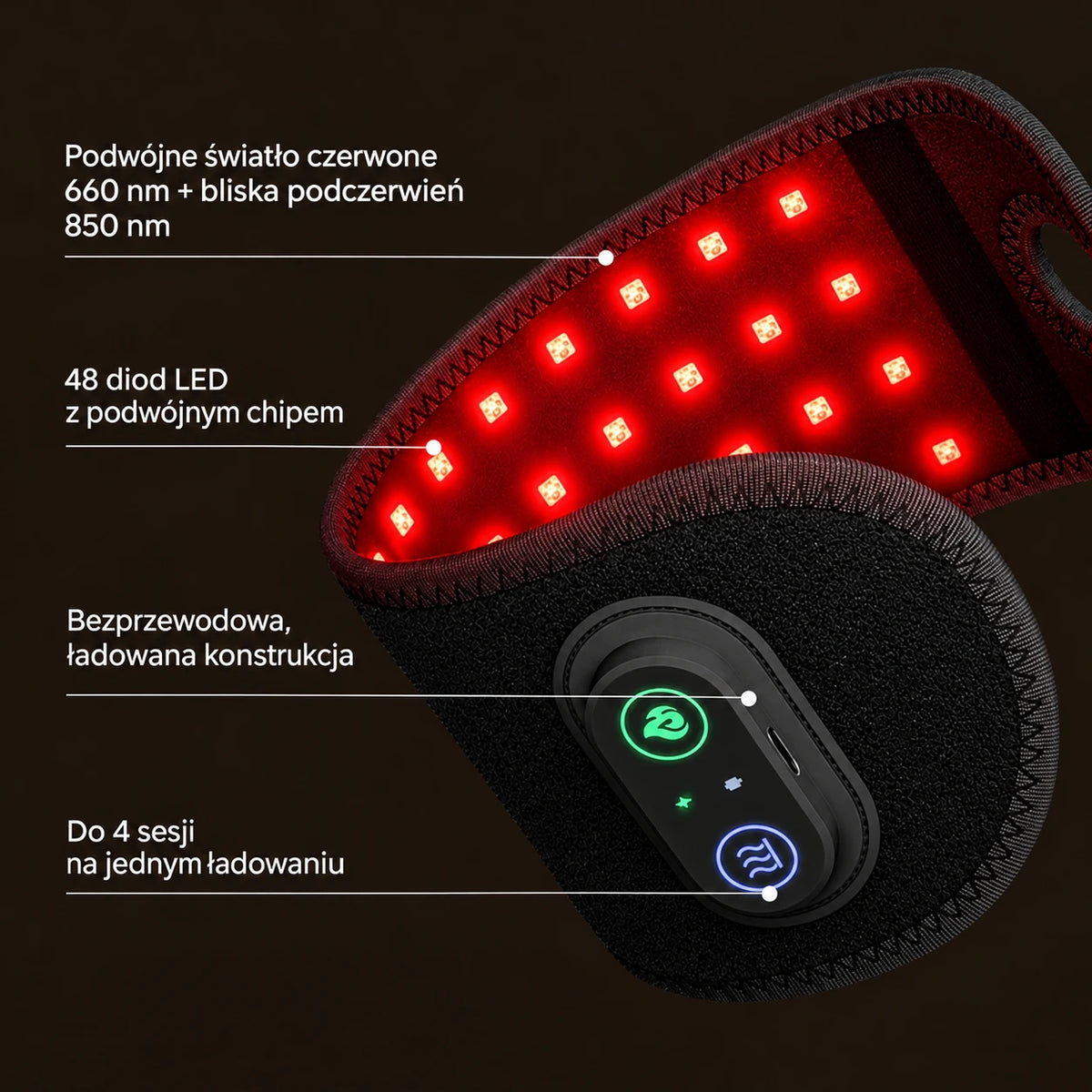 Wnętrze Opaski Rubin z diodami 660 nm i 850 nm oraz panel sterowania